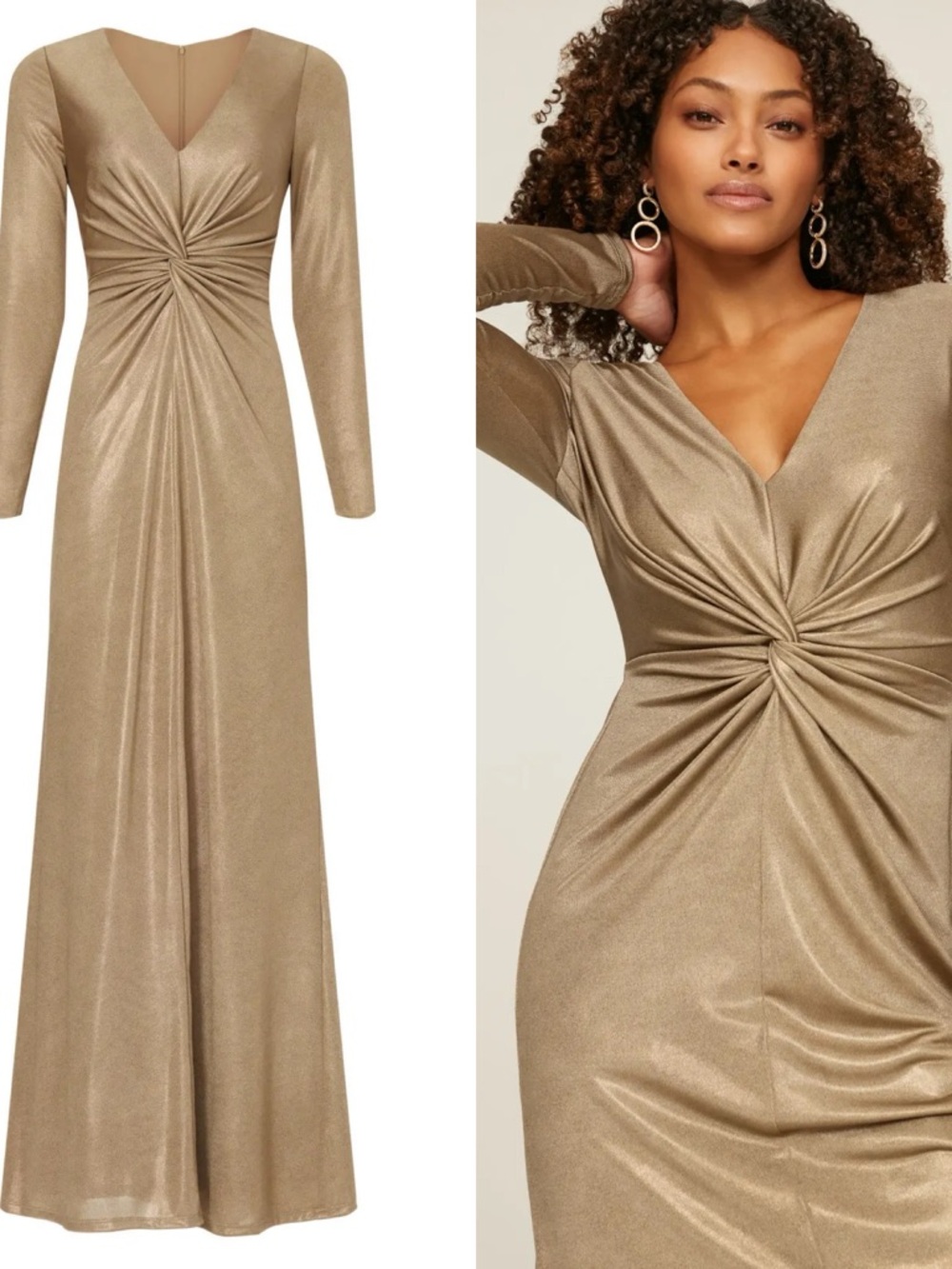LAUREN Ralph Lauren Nadina Gown 2 Gold Foil Metallic Long Sleeve Vneck Ruched